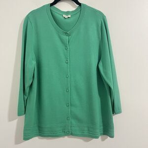 Talbots Cardigan Sweater Size XL Green Knit Crochet Hem Modest Christmas Preppy